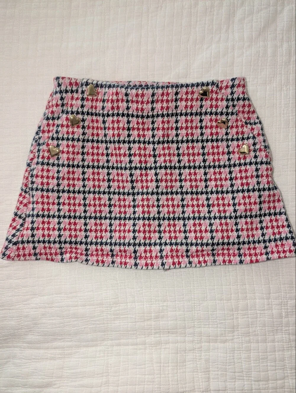 Old Navy Pink and Navy Houndstooth Tweed Skirt with Gold Heart Buttons